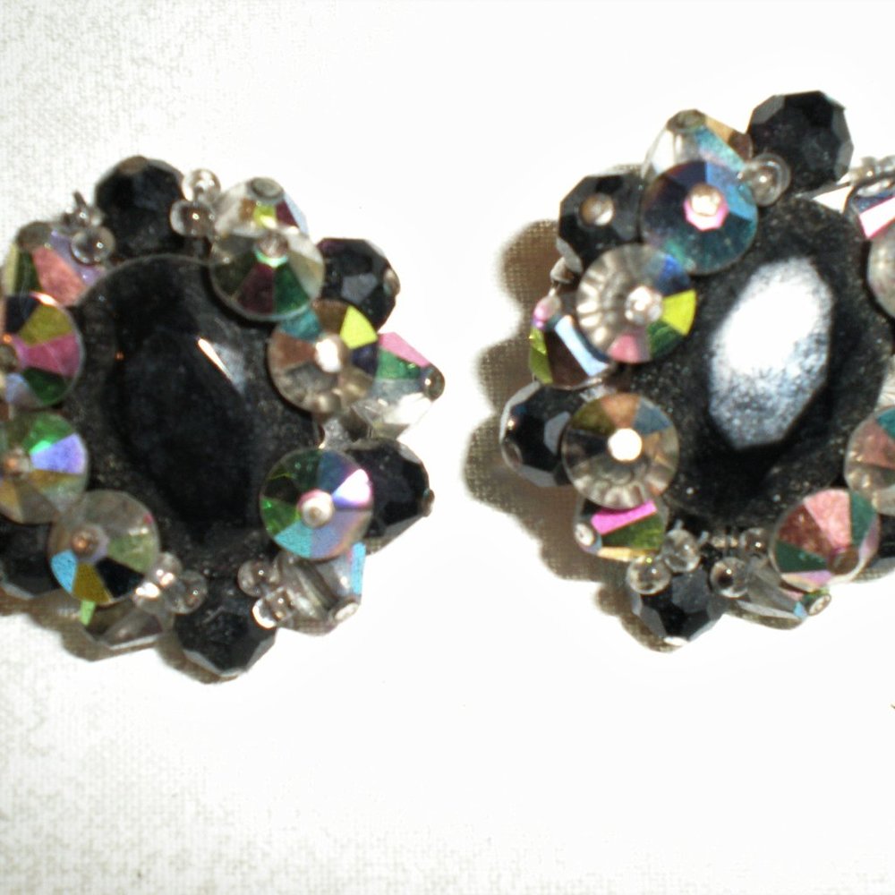 VINTAGE 50's Black w/Iridescent Rhinestone Earrings